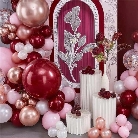 140 pcs Burgundy Red and Pink Balloon Garland, Double-stuffed Burgundy Balloons - Picture 6 of 6